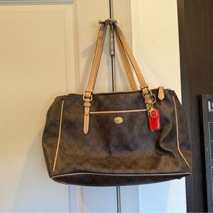 Coach Brown Signature Tote with Tan Trim and Red Charm